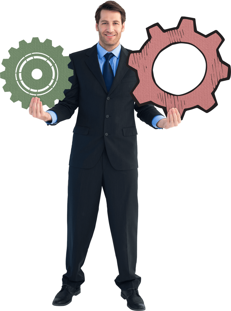 Transparent Businessman Holding Gear Illustrations for Concept Design