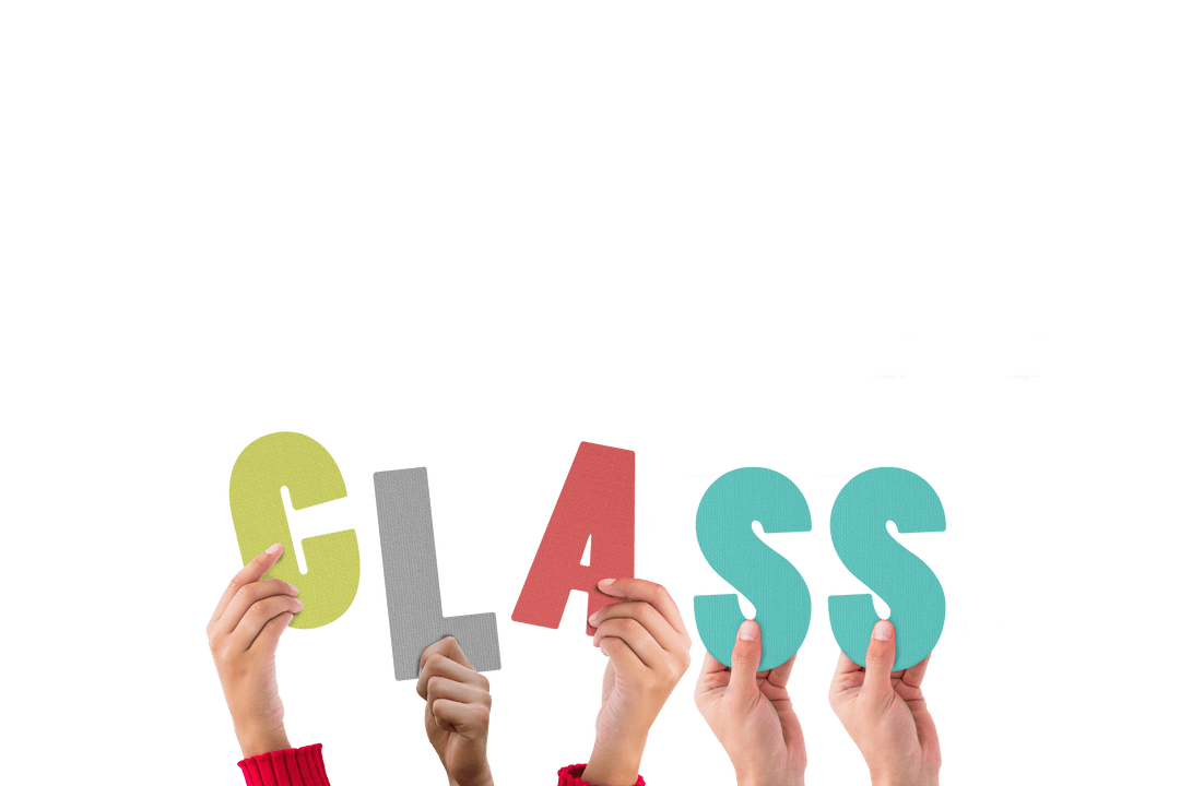 Colorful Text on Transparent Background with Elevated Hands