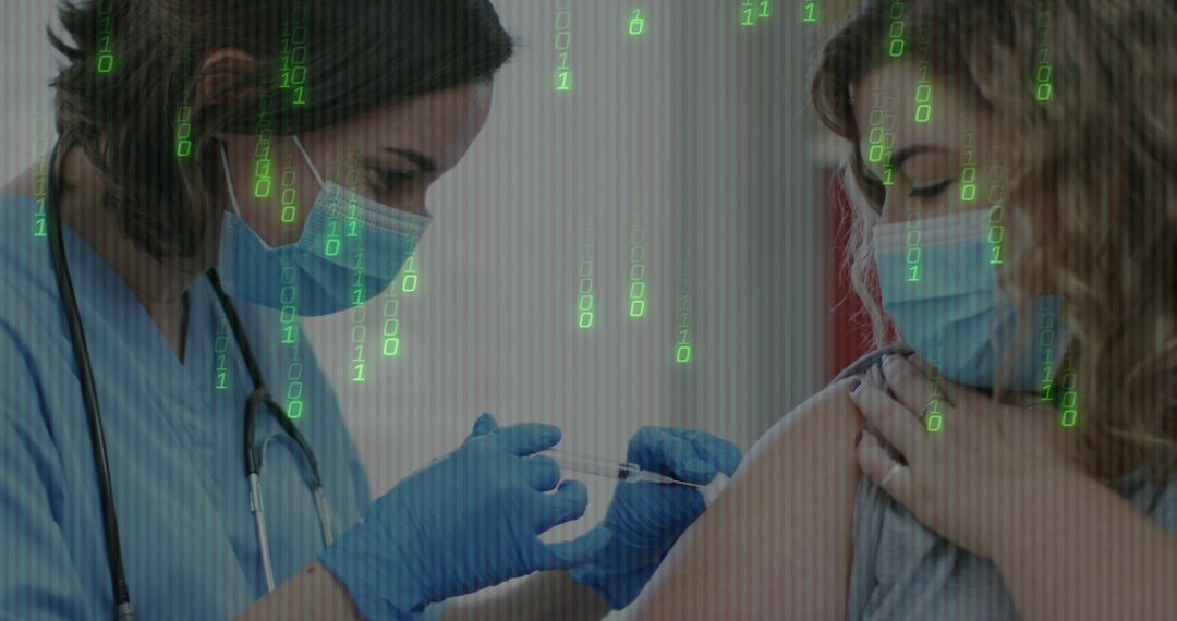Nurse Administering Vaccine to Patient with Digital Binary Overlay