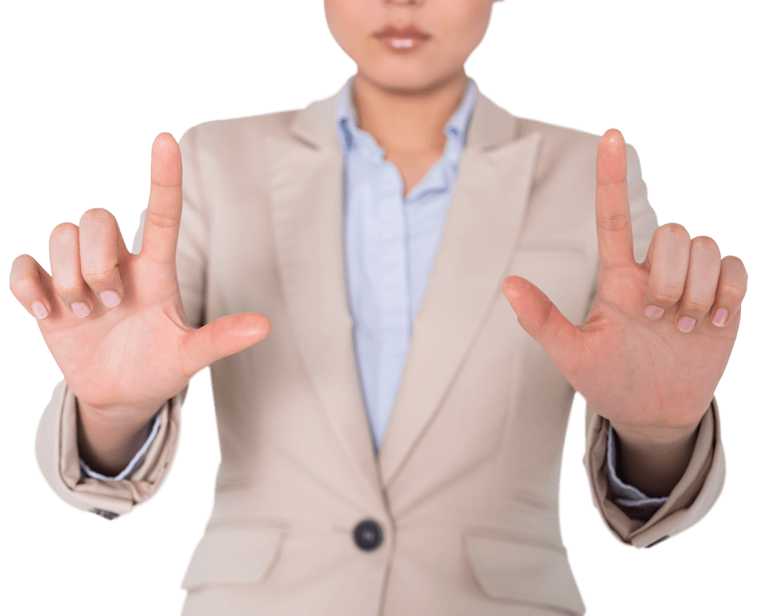 Transparent Businesswoman Clicking Virtual Buttons