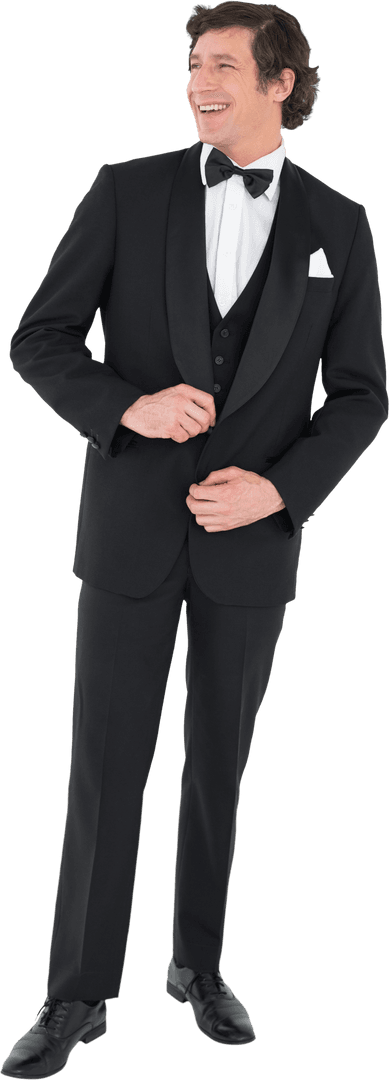 Smiling Groom in Black Suit with Bow Tie on Transparent Background