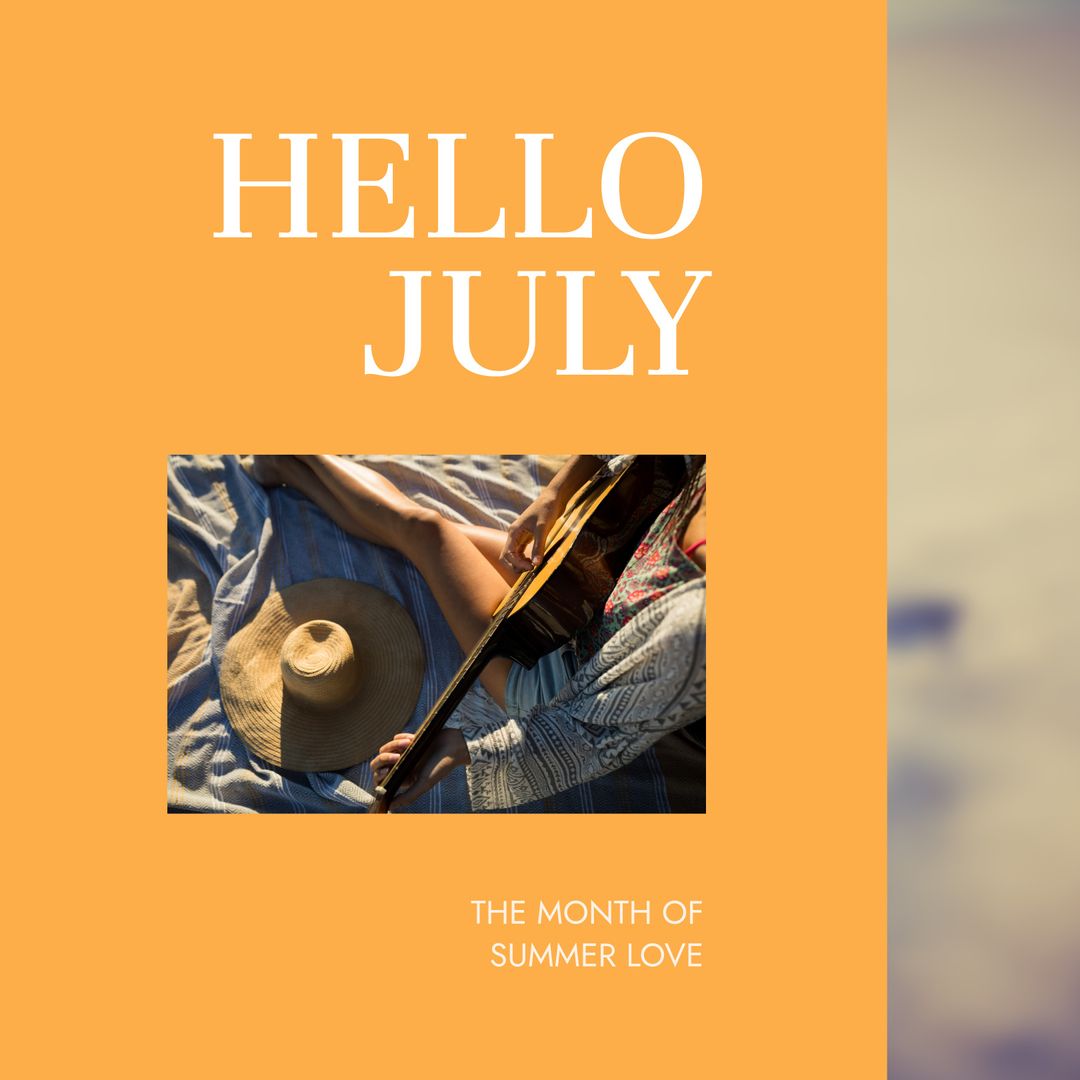 Hello July: Woman Relaxing with Guitar on Beach in Summer