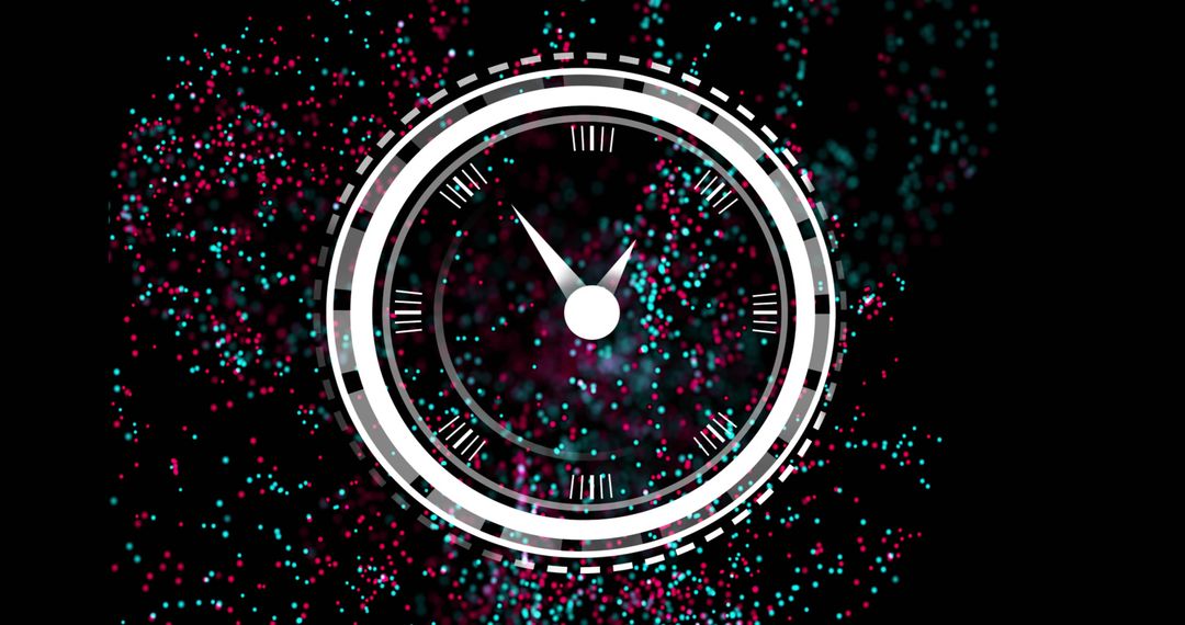 Radiating Neon Clock Dial with Cyan Magenta Particles Conveying Futuristic Time