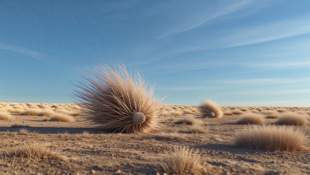 Vast desert plain with tumbleweed and scattered grass tussocks under clear blue sky
