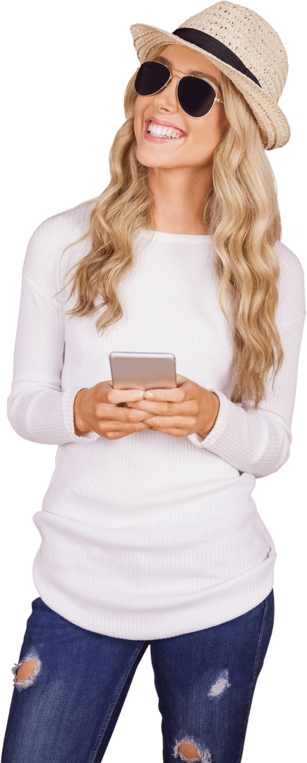 Happy Caucasian Woman Using Tablet with Chic Look Transparent Background