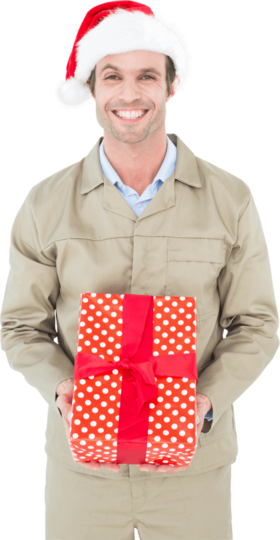 Transparent Delivery Man in Santa Hat Presenting Gift Box