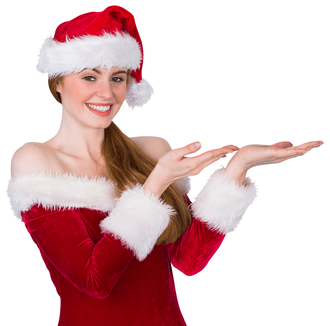 Smiling Woman in Santa Costume Offering Hand with Transparent Background
