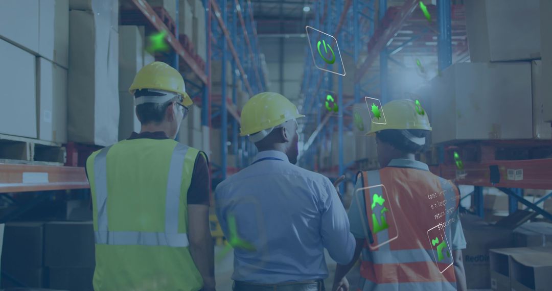Warehouse Team Walking Aisle Wearing AR Helmets and Vests Conducting Smart Inventory Checks