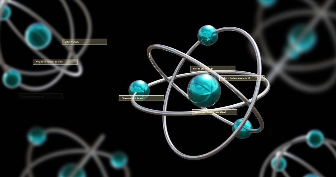 Digital Orbital Atoms with AI Text on Black Background