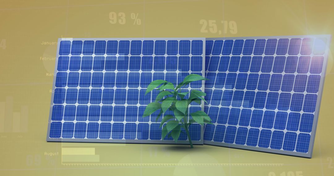 Solar Panels and Green Plant on Yellow Background with Data Visuals
