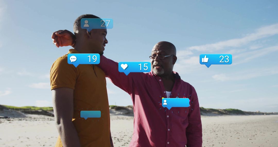 Father Guiding Son on Beach with Social Media Notifications Overlaid