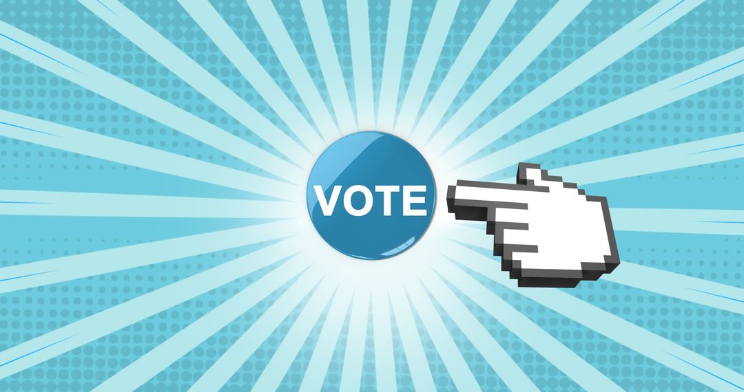 Pixelated Cursor Hand Clicking Vote Button Against Radiant Blue Background