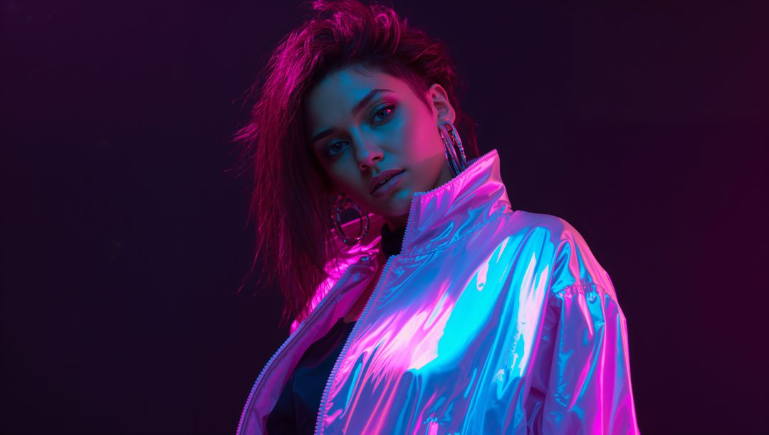 Model in Neon Glow Wearing Metallic Bomber Jacket and Hoop Earrings