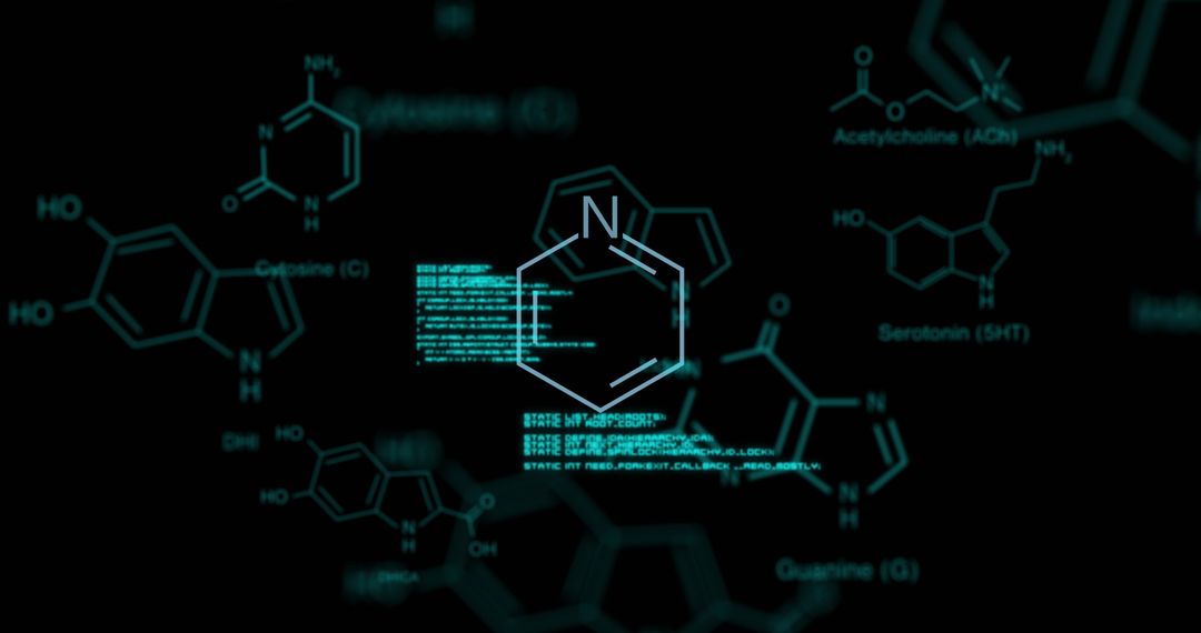 Digital Code and Molecule Structures on Black Background