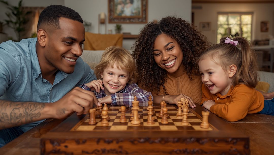Family Enjoying Chess Game in Cozy Living Room Setting
