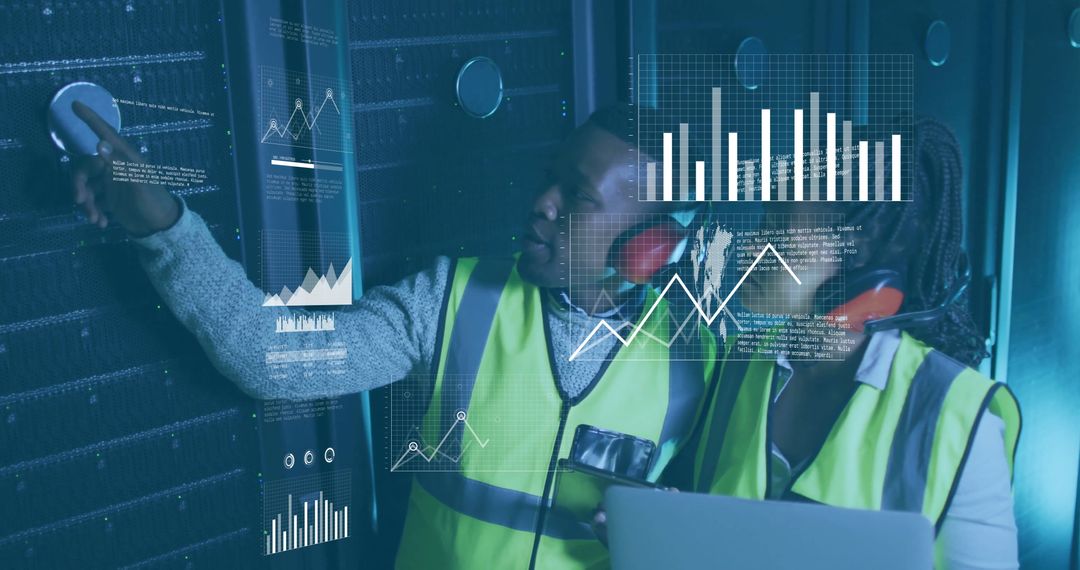 Biracial Engineers Analyzing Data in Futuristic Server Room