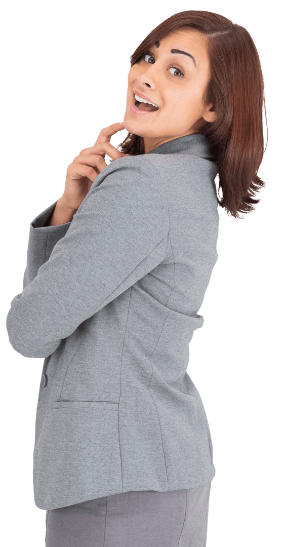 Smiling Businesswoman on Transparent Background in Grey Blazer
