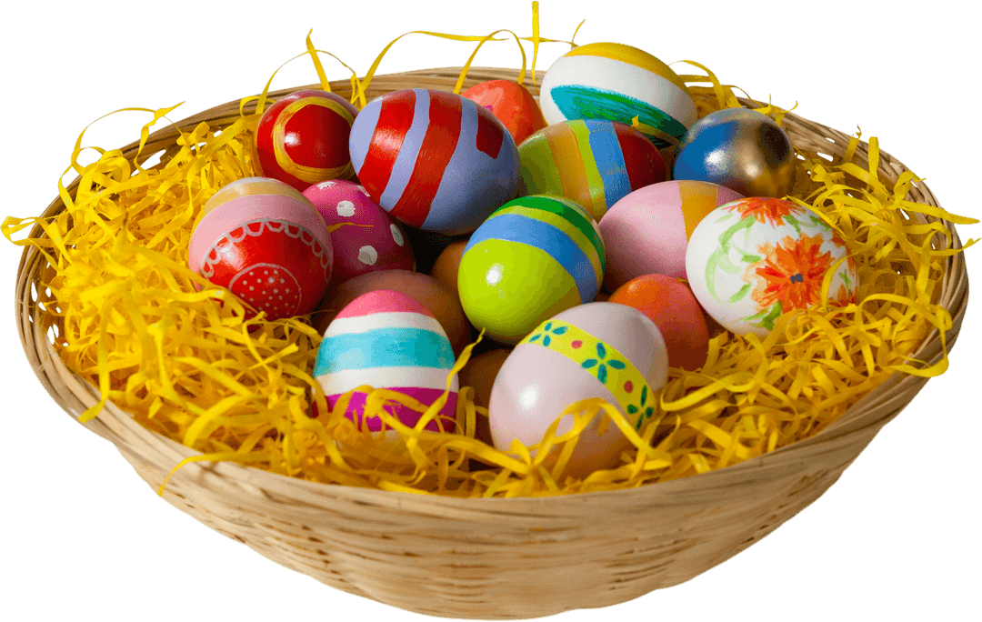 Transparent Wicker Basket with Colorful Easter Eggs Nest