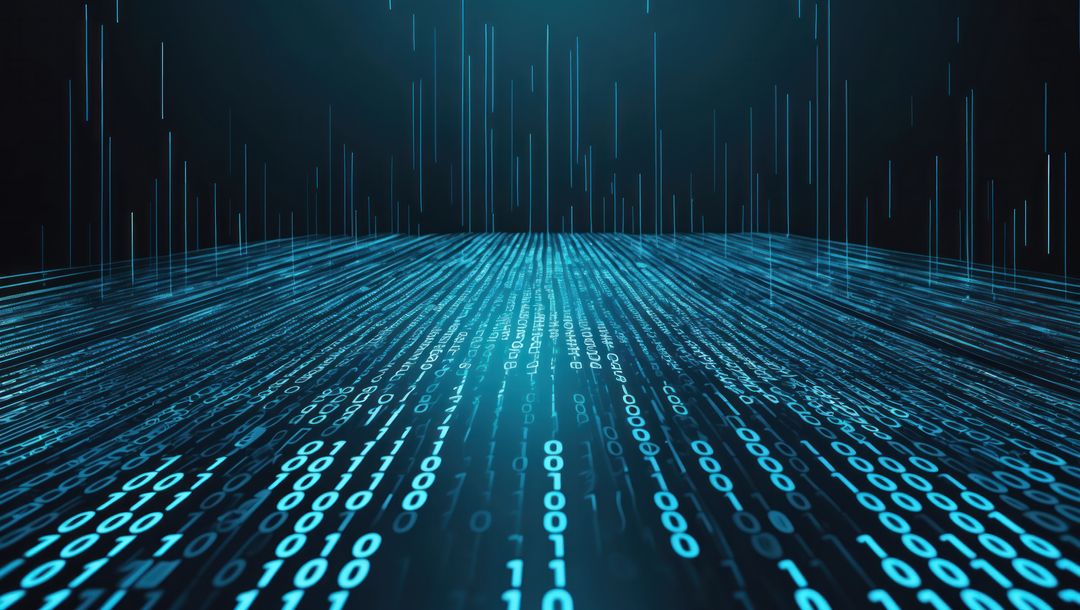 Glowing binary digits form virtual data landscape