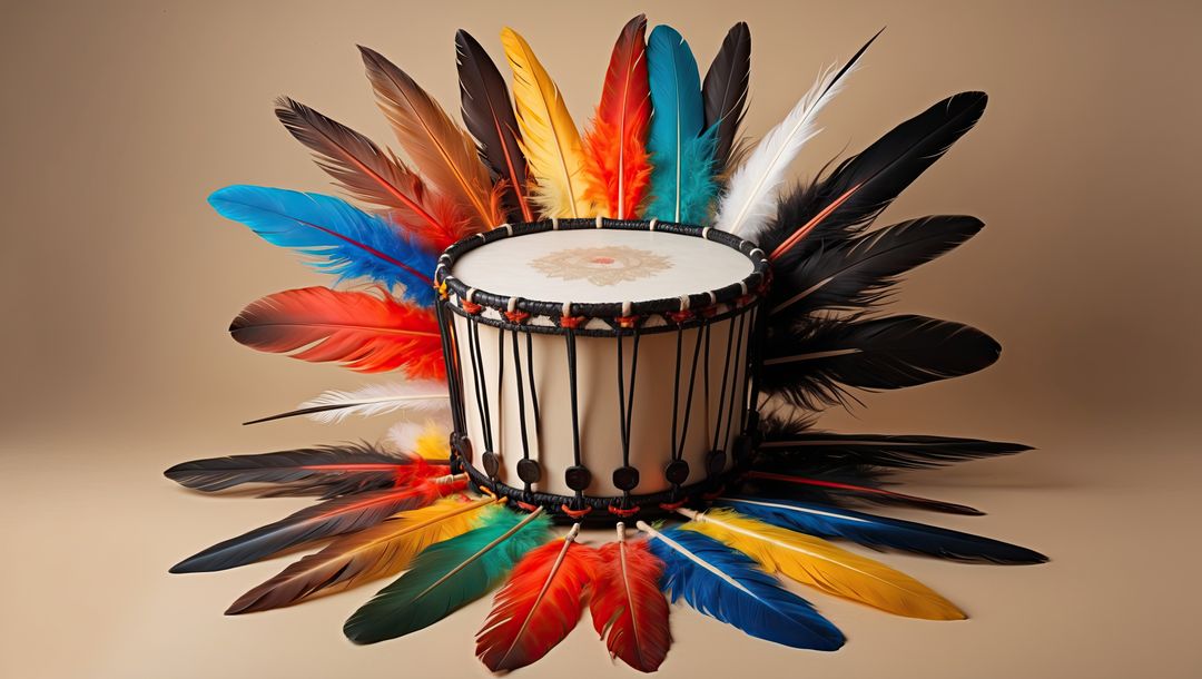 Native american handcrafted drum with colorful feathers