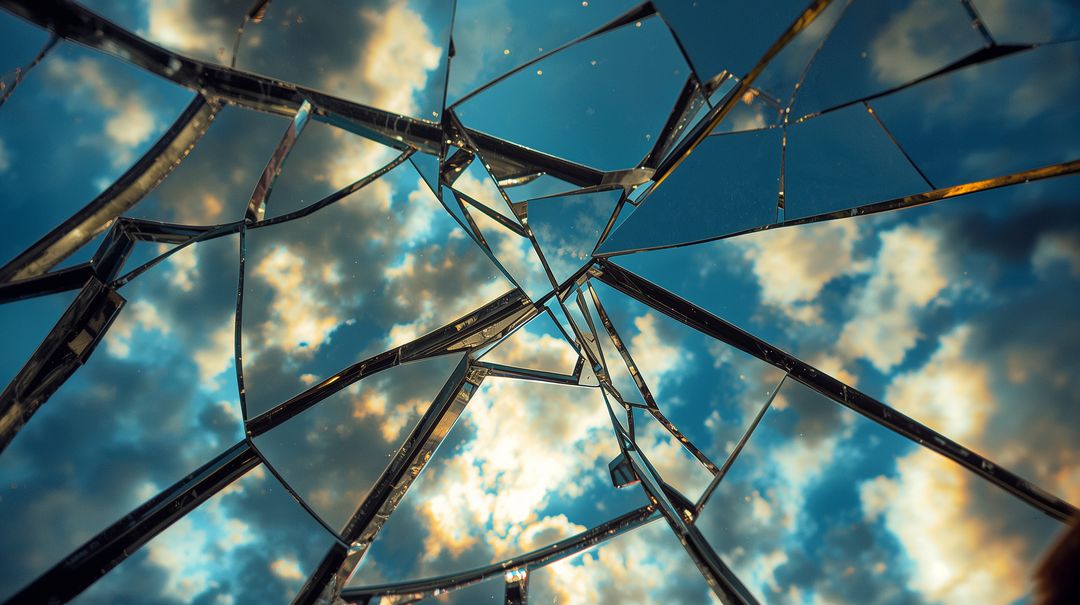 Glinting Shattered Mirror Reflecting Turquoise Sky, Golden Clouds and Angular Metal Strips