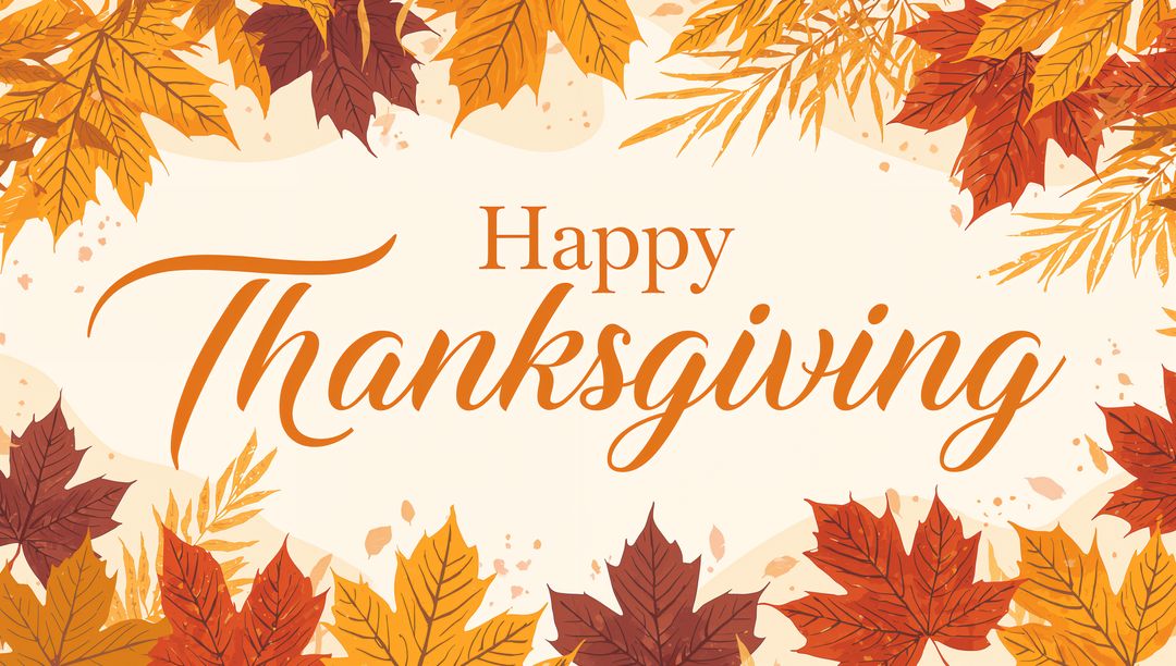 Happy Thanksgiving Handlettered Script Surrounded by Autumn Leaves and Watercolor Foliage