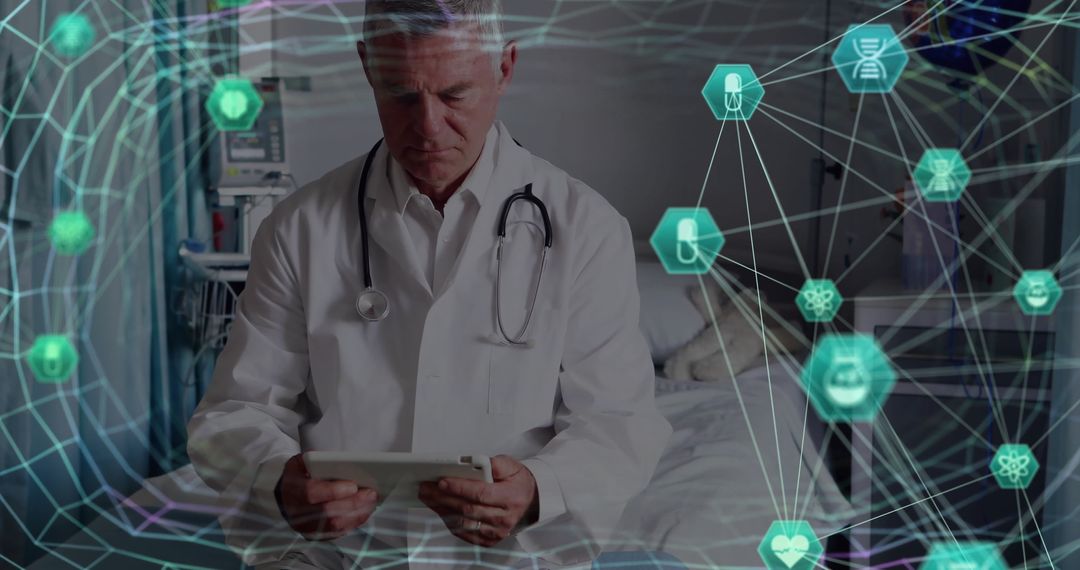Doctor Using Tablet with Digital Medical Network Overlay in Hospital