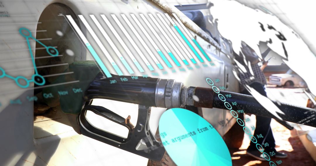 Man Fueling Pickup Truck with Digital Data Overlay Illustrating Trends