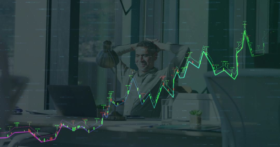 Relaxed Trader Celebrating Market Gain in Modern Office with Rising Stock Charts and Laptop