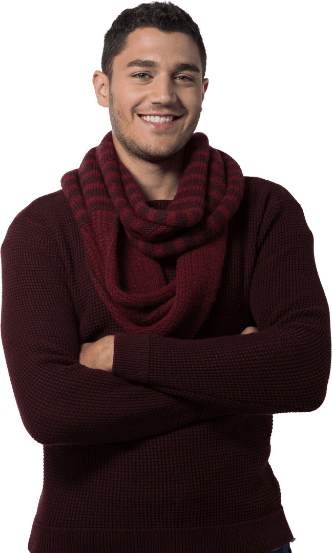 Happy Latino Man Smiling in Sweater and Scarf on Transparent Background
