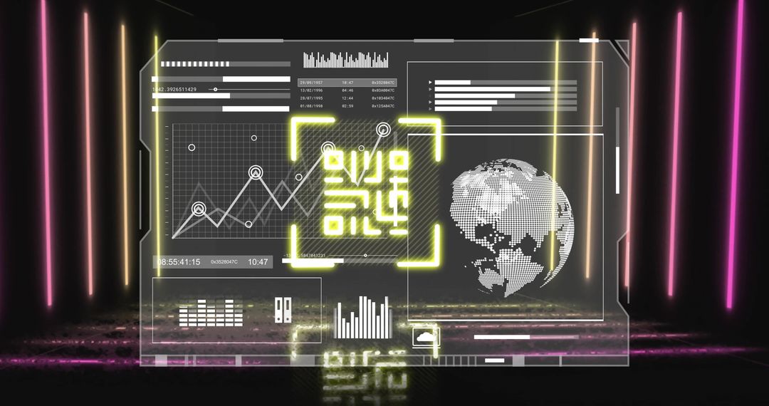 Neon Graphic Cyber Interface with QR Code and Global Map