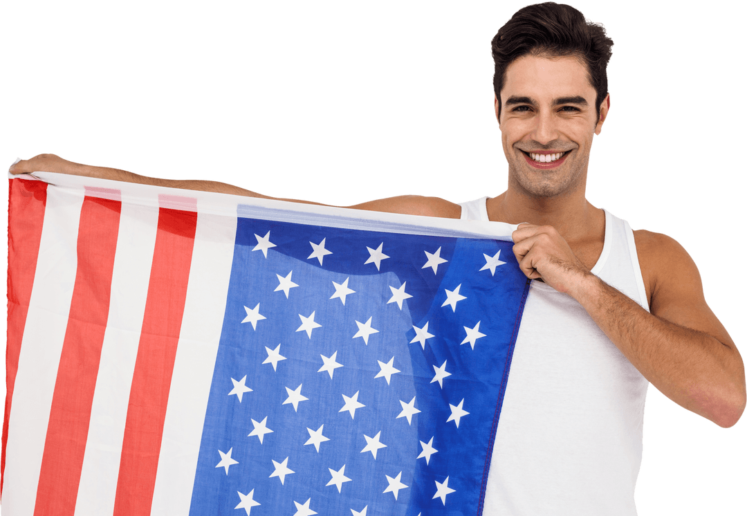 Male Athlete Holding Transparent American Flag with Proud Expression