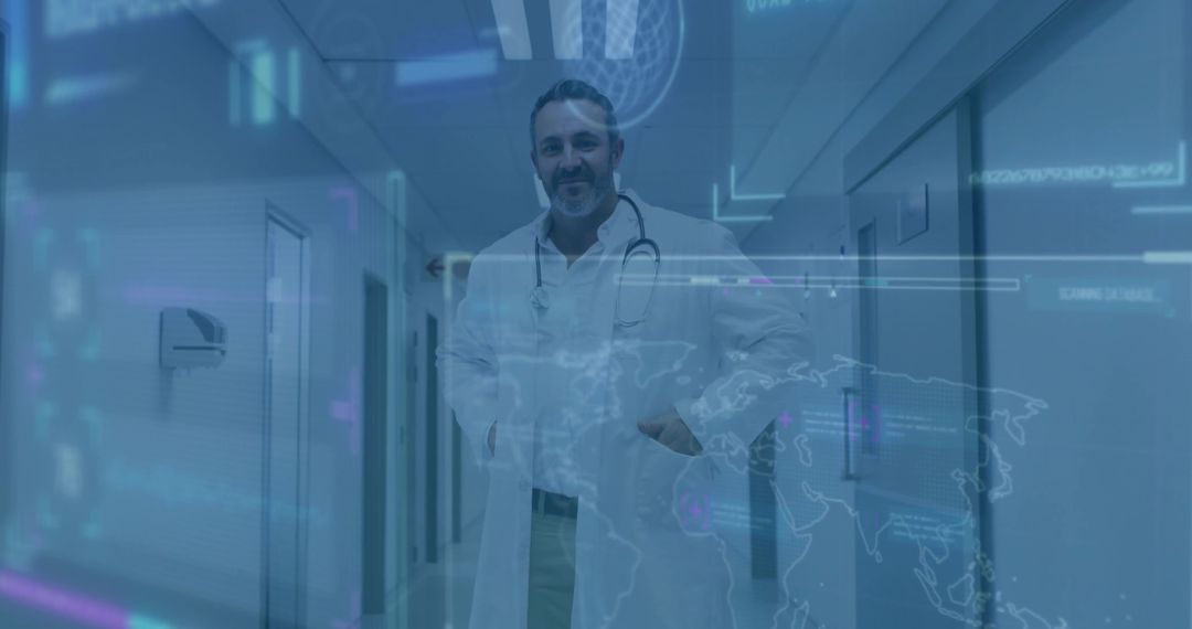 Doctor in Hospital Corridor with Futuristic Digital Overlay Maps