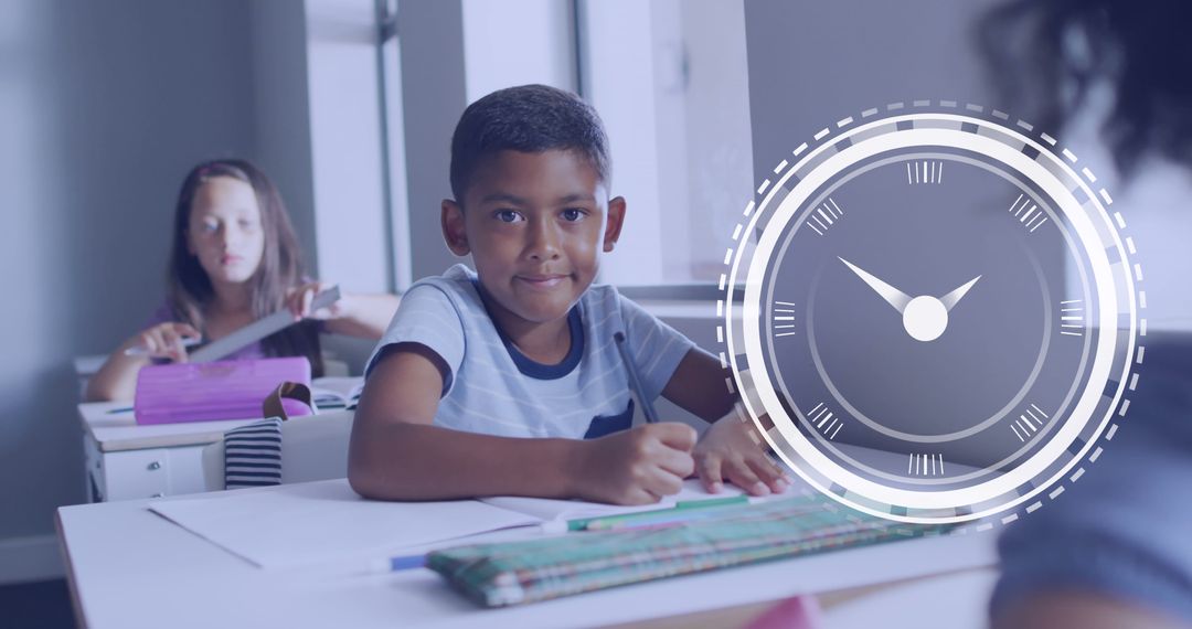 Smiling Biracial Boy in Diverse Classroom with Digital Clock