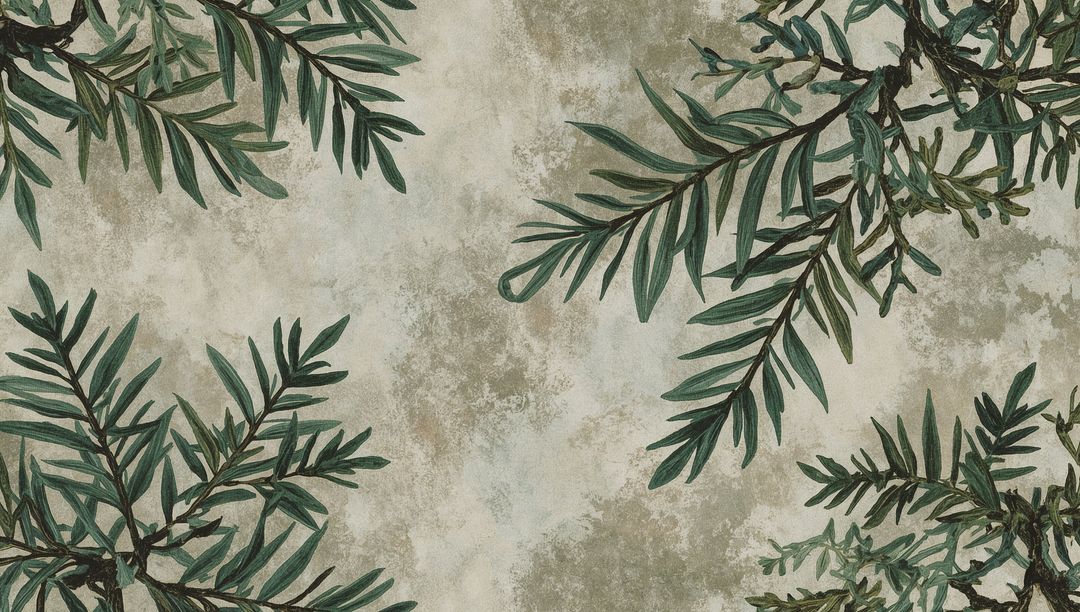 Framing green narrow-leaf branches over aged plaster texture for rustic botanical decor