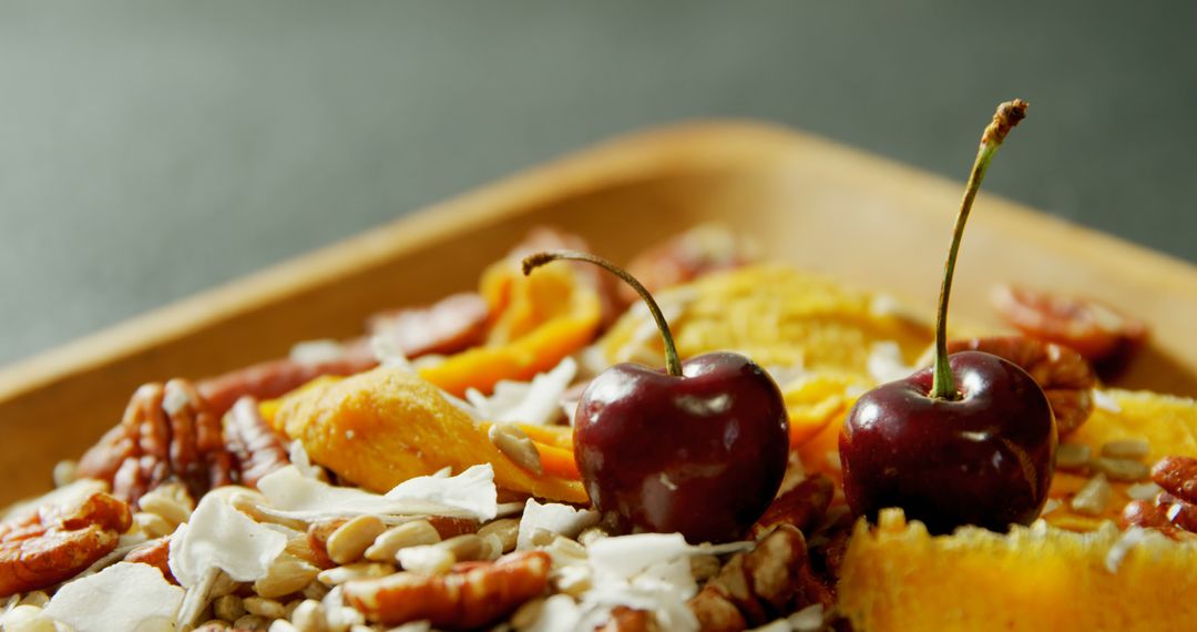 Healthy Assorted Nuts and Fruits Mix With Fresh Cherries on Wooden Platter - Free Images, Stock Photos and Pictures on Pikwizard.com