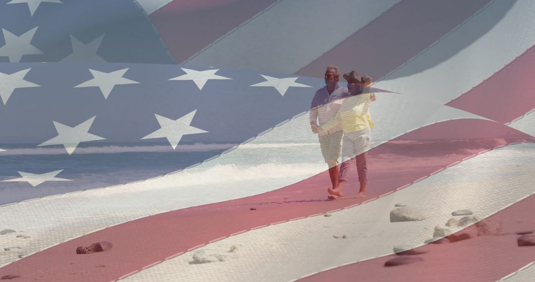 Senior Couple Walking on Beach overlaid with American Flag