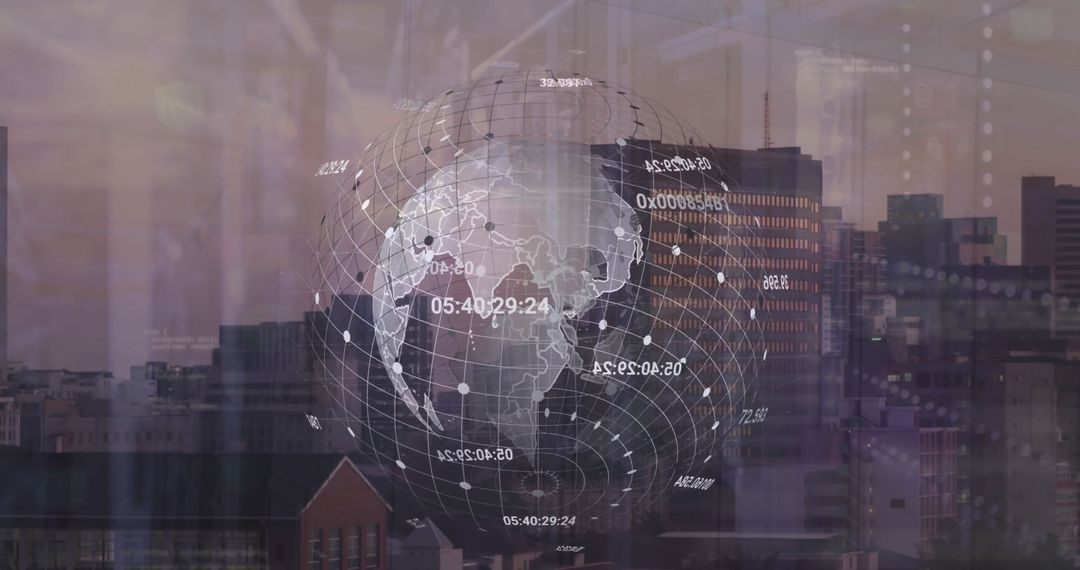 Digital Globe with Numbers Overlaying Urban Skyline