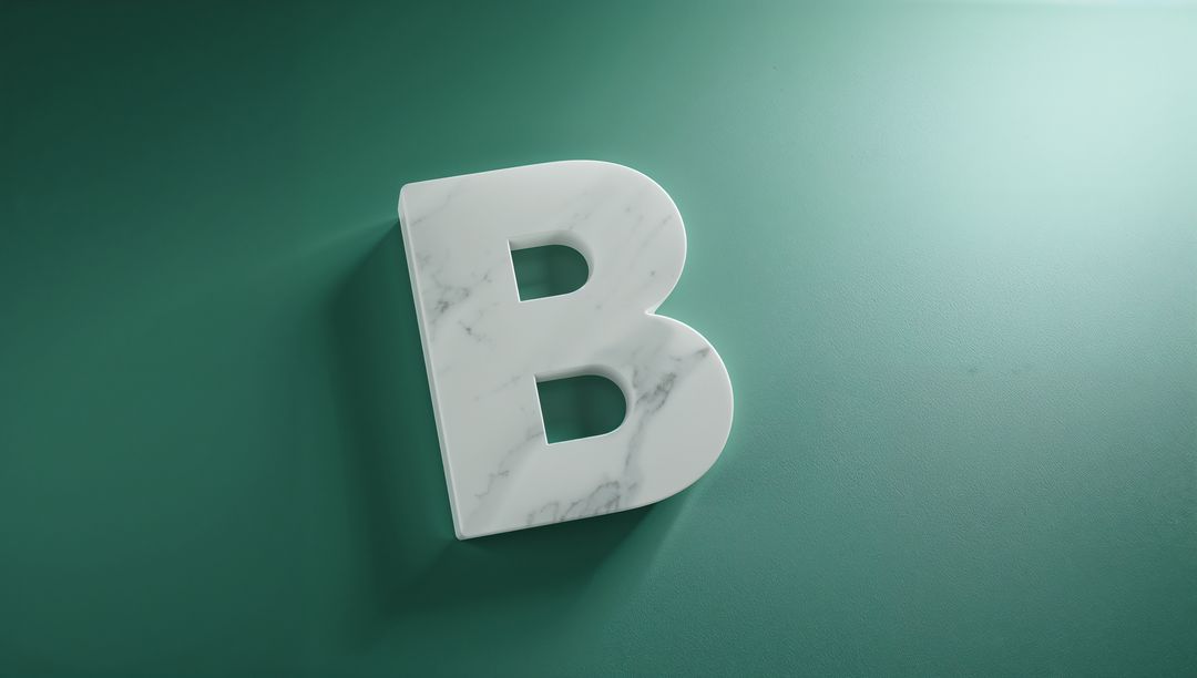 White Marble 3D Letter B on Teal Background with Soft Shadows