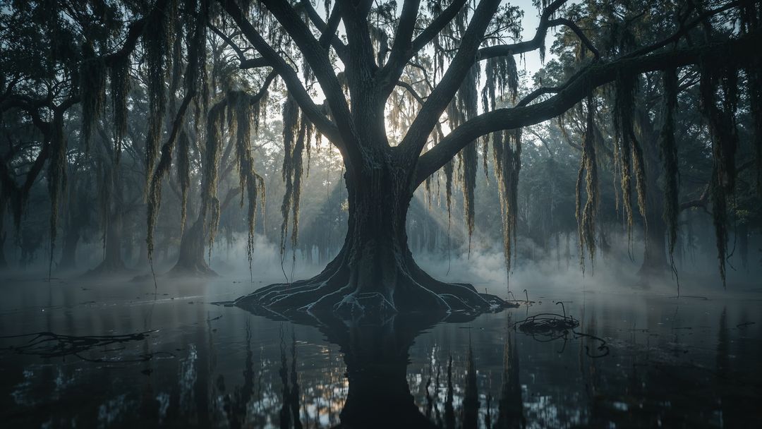 Serene Cypress Tree with Spanish Moss in Misty Swamp at Dawn