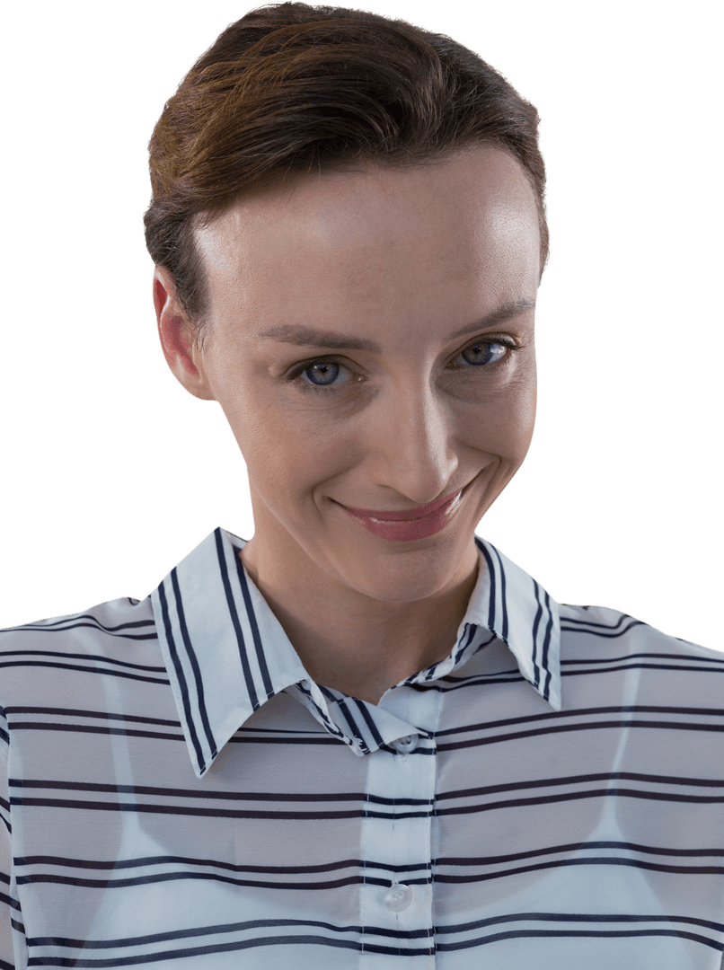 Transparent Portrait of Woman in Striped Blouse with Smiling Expression