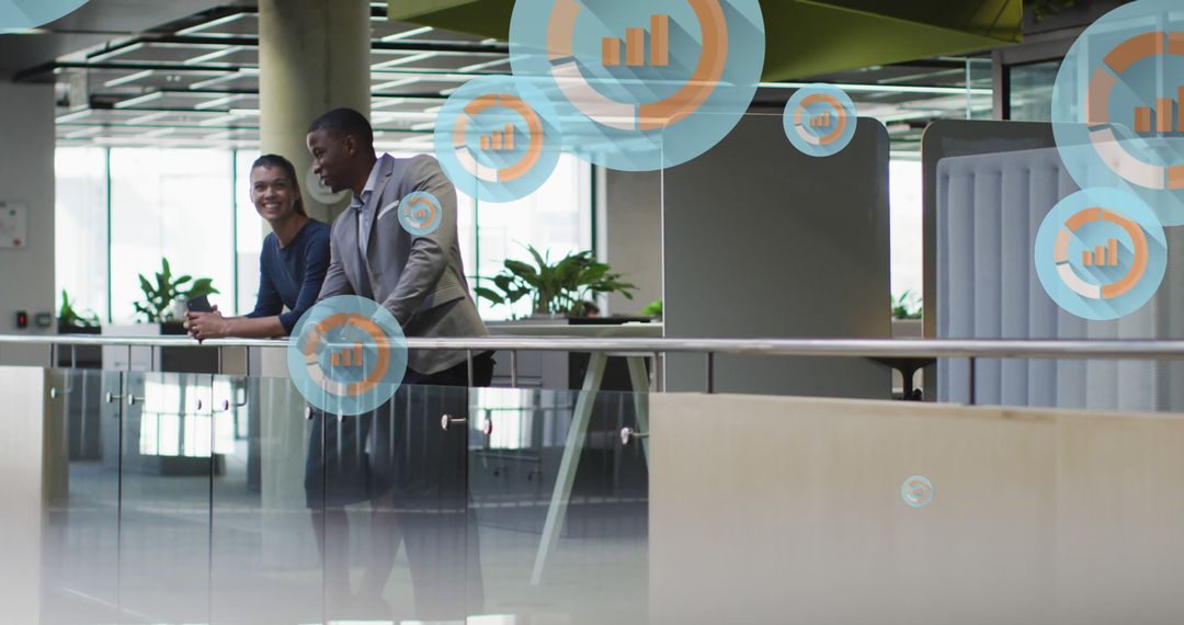 Business Professionals Discussing with Futuristic Graph Interface Overlay