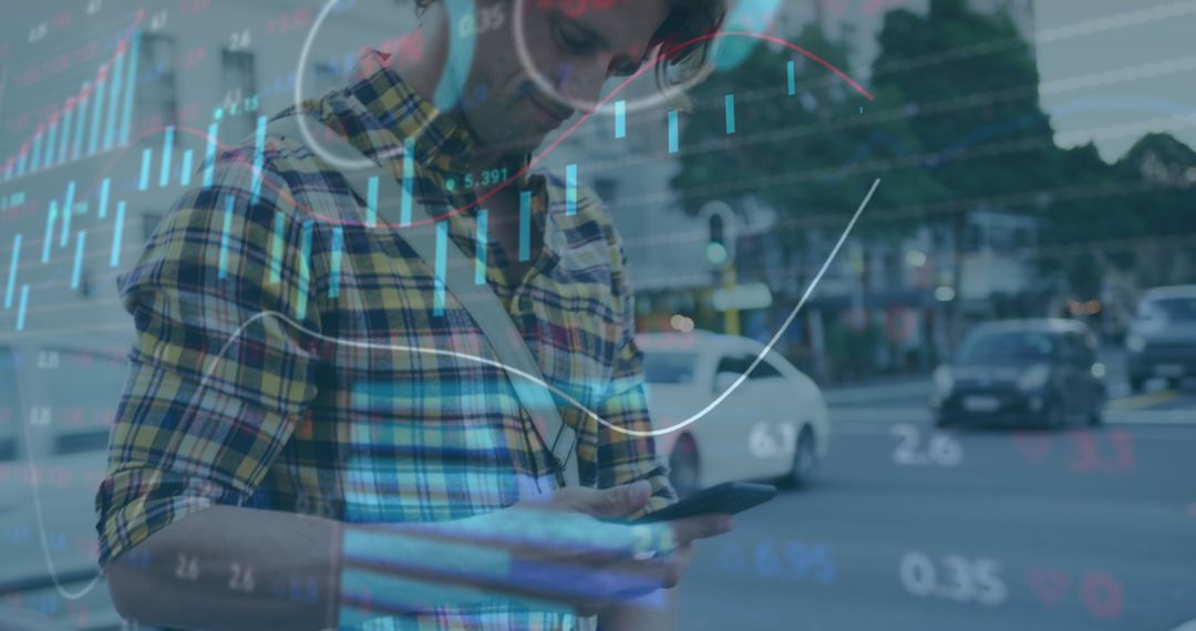 Businessman Analyzing Financial Data on Smartphone While Walking to Work