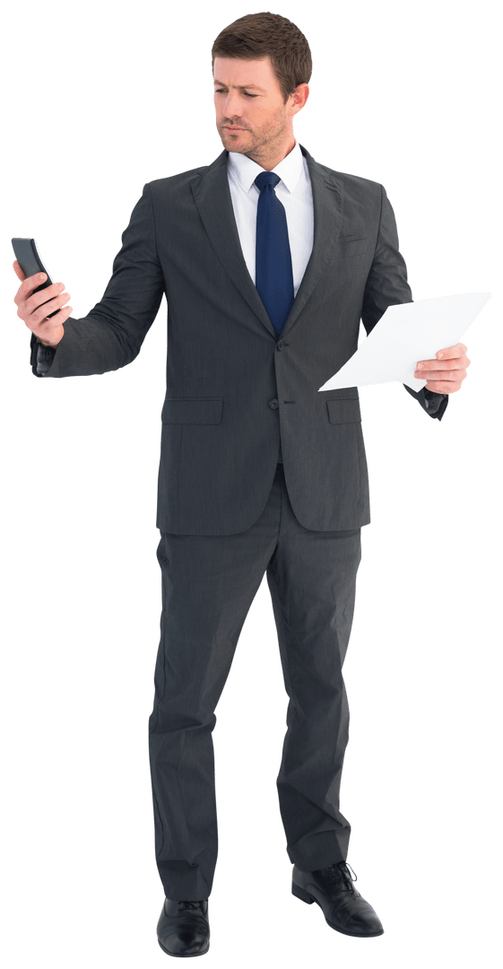 Businessman Holding Smartphone and Documents staying transparent