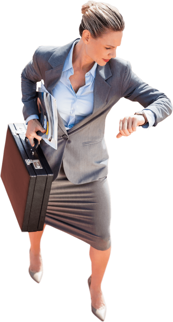 Transparent Focused Businesswoman Checking Time with Briefcase