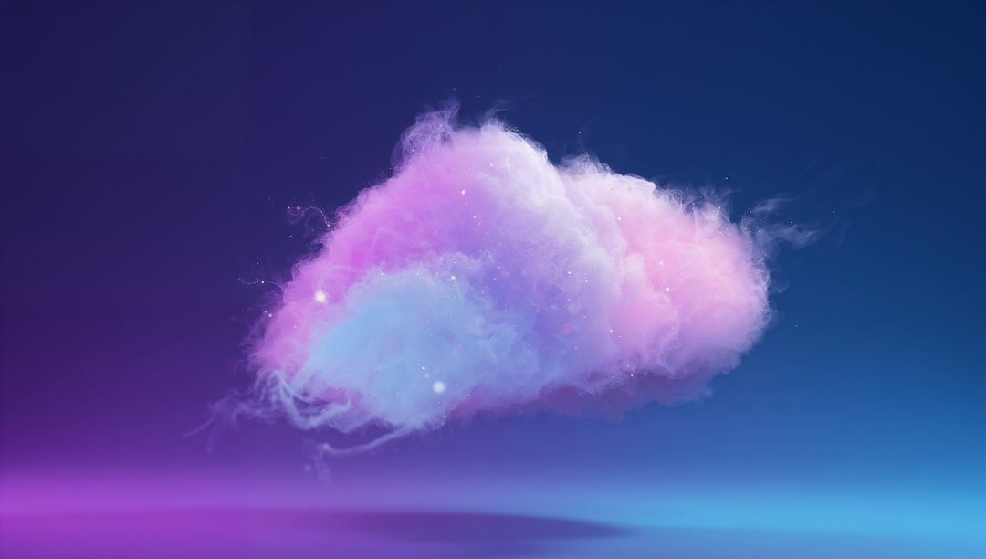 Dreamy Pastel Cloud Floating Over Neon Gradient Background with Sparkling Light Particles