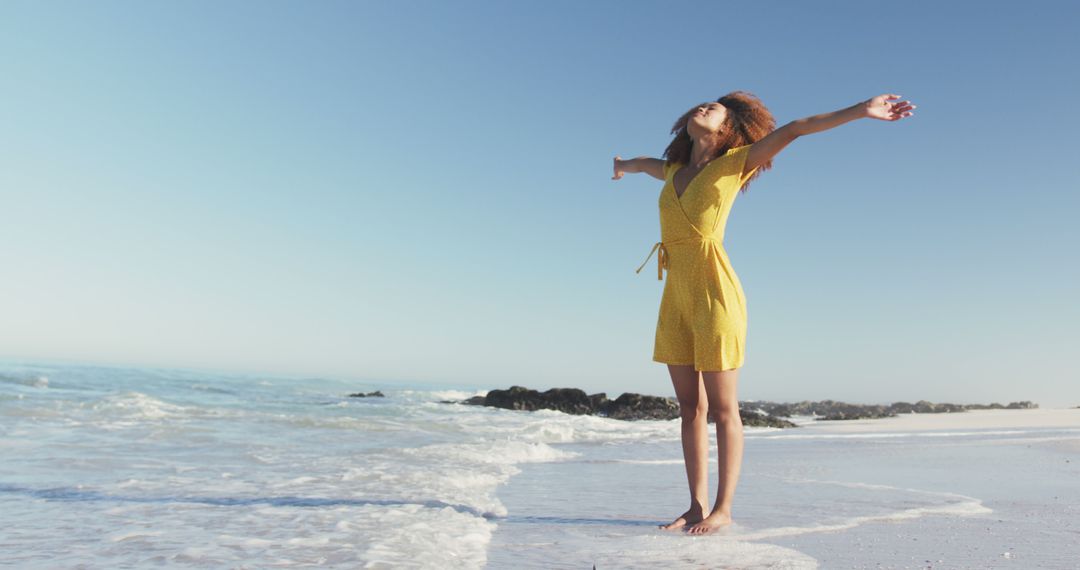 Carefree Woman in Yellow Dress Enjoying Summer Beach - Free Images, Stock Photos and Pictures on Pikwizard.com