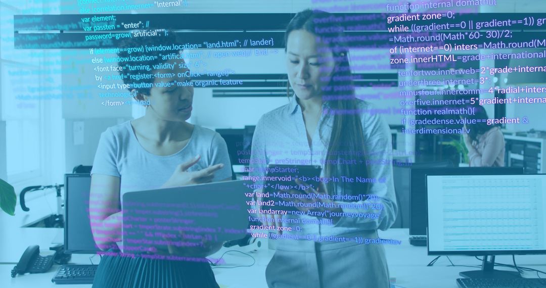 Diverse Professionals Discussing Data Over Digital Code Display