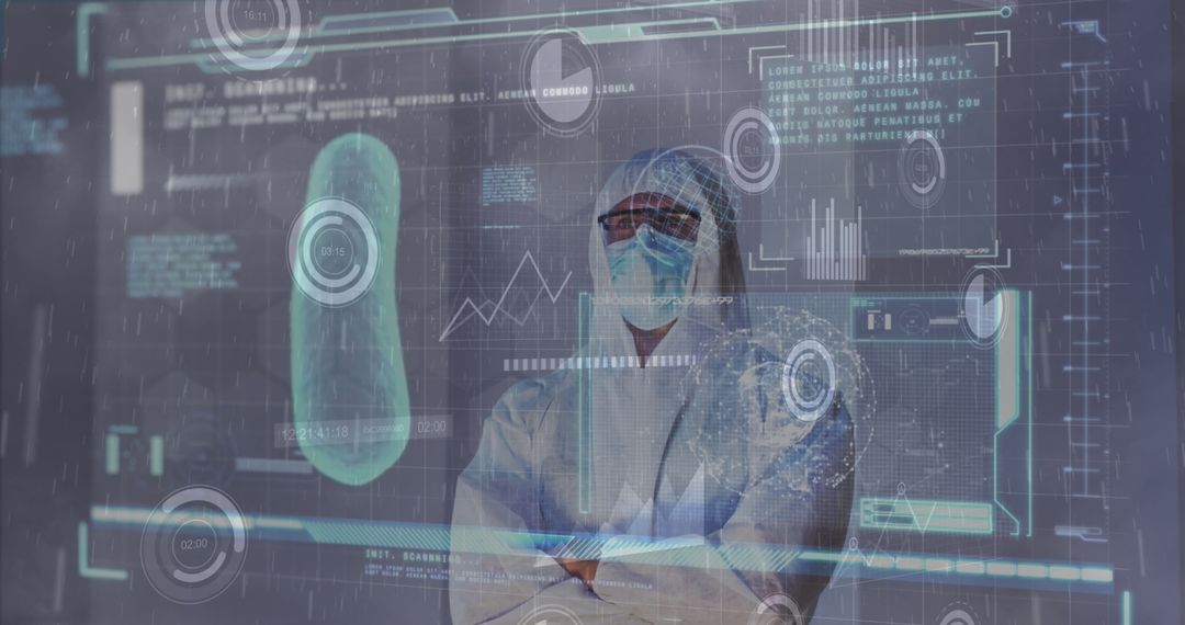 Scientist in PPE Analyzing Futuristic Data Screen