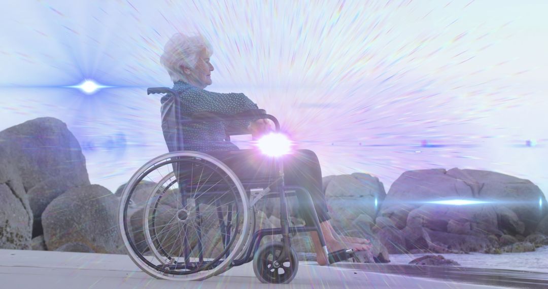 Elderly Woman in Wheelchair Enjoying Beach View with Ethereal Light